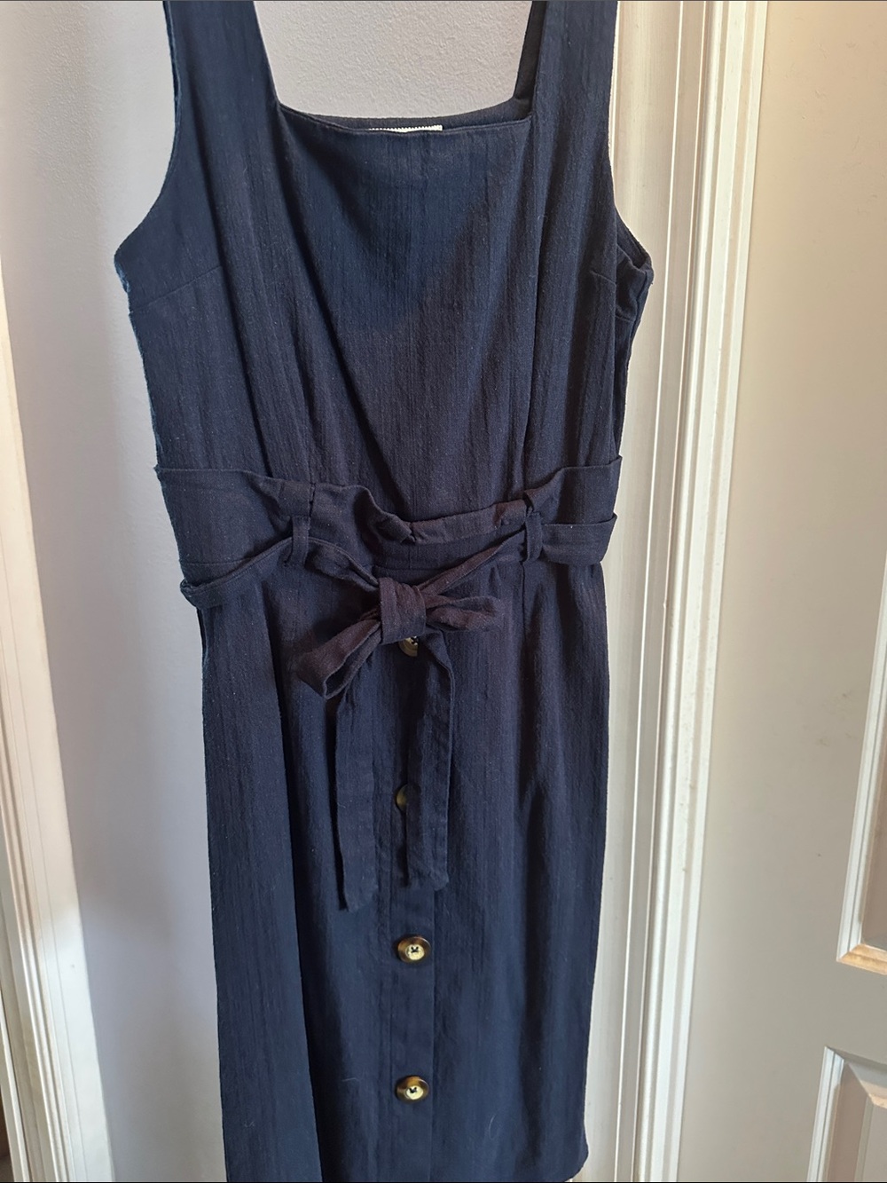 Monteau Navy Sleeveless Button-Front Midi Dress with Tie Waist